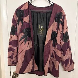 VINTAGE | Boutique Suede Patchwork Open Front Jacket | Leather and Silk Floral